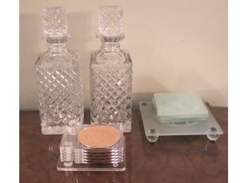 2 Crystal Decanters, Lucite Coaster Set & Signed Art Frosted Glass Coasters Set