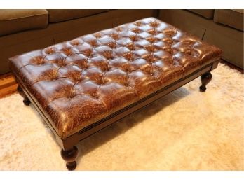 Chesterfield Style Leather Ottoman/Table With A Tufted Cushion & Nail Head Detail Accent Along The Edges