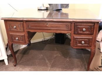 French Provincial Style Richly Stained Oak Desk, Includes Protective Glass Top