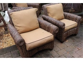 Pair Of Resin Wicker Side Chairs Tobacco Plantation Brown With Sunbrella Fabric On Cushions