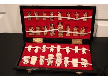 Intricate Vintage Carved Bone Chess Set With Case That Opens Into A Chess Board With MOP Detail