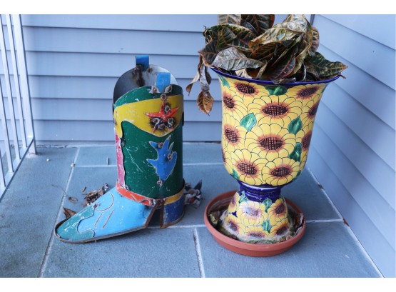 Tall Santa Fe Style Planter Metal Cowboy Boot Shows Rustic Look & Ceramic Planter
