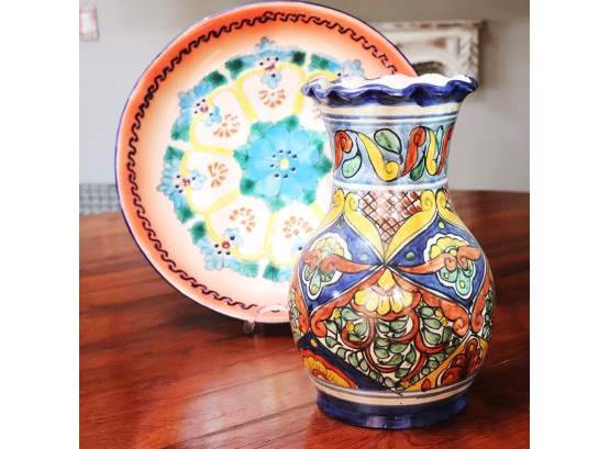 Tall Santa Fe Style Glazed Mexican Hand Thrown Pottery Vase & Wall Plate, Very Pretty Pieces