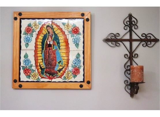 Scrolled Metal Candle Wall Sconce & Our Lady Of Guadalupe Glazed Ceramic Tile Wall Art
