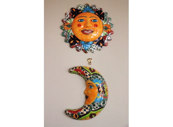Fun Bright Colored Santa Fe Style Painted Ceramic Sun & Moon Wall Dcor