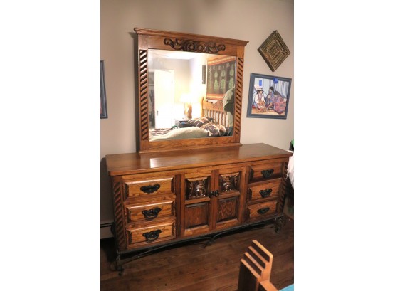Carved Wood Oak And Wrought Iron Southwestern Style Dresser & Mirror