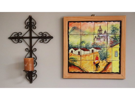 7.Scrolled Metal Candle Wall Sconce & Santa Fe Pastoral Glazed Ceramic Tile Wall Art