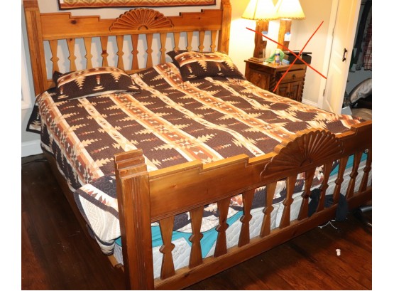 Carved Wood Pine King Size Bed Frame South Western Style Includes Mattress & Box Spring