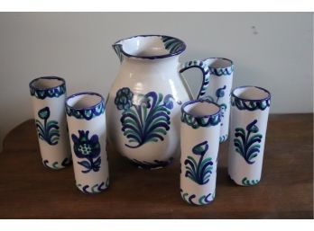 Encarnacion Ceramics, Granada Spain Hand Painted Glazed Ceramic Santa Fe Style Pitcher & Glasses