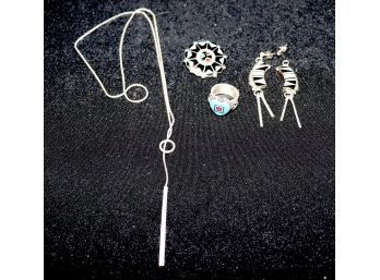 Collection Of Sterling Includes Ring, Pin/Pendant, Dangle Earrings & Sterling Lariat Necklace
