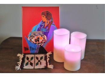 Hand Painted Artist Tile By Amado M Pena With A Woven Coaster & Battery Candles