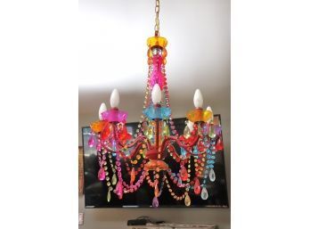 Beautiful Fun Festive Multicolored 8 Arm Chandelier With Beaded Accent Approx. 20 Inches X 22 Inches