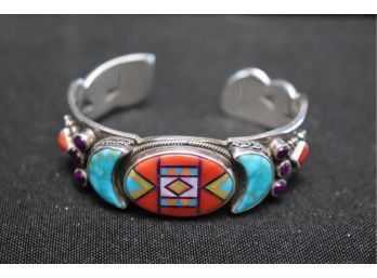 Quality Heavy Sterling Bracelet With Turquoise, Carnelian & Pretty Engraved Detail