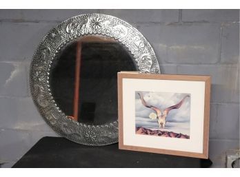 Round Aluminum Metal Wall Mirror With Pierced Design Along Border & Steer Skull Print