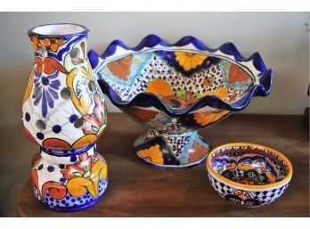Collection Of Painted Santa Fe Style Ceramics From Mexico Includes A Large Fruit Bowl