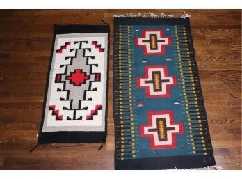 2 Handmade Woven Wool Southwest Style Rugs Green Rug Appx 56 X 29 & White And Red 44 X 21 Inches
