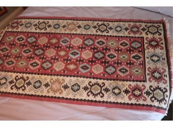 Handmade Native American Area Rug/Carpet Made From Cotton & Wool 60  X 32 Inches With Fringes