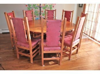 Natural Rustic Hand-Crafted Solid Wood Santa Fe Style Dining Table With 8 Leather Upholstered Chairs