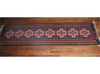 Large Runner Green & Red Colored Runner Appx 116 Inches X 31.5 Inches With Fringes