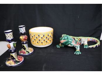 Fun Santa Fe Style Ceramic Lizard, Planter & Candlesticks
