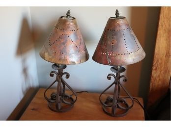 Pair Of Metal Lamps With Pierced Metal Shades