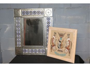 Southwest Style Mirror With Pierced Design & Father Sky & Mother Earth With Rainbow Female Sand Painting