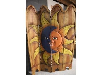 Carved Wood 4 Panel Screen With Embossed Painted Sunburst/Moon