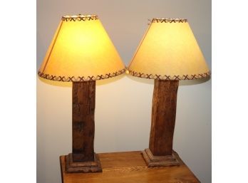 Pair Of Rustic South Western Style Wood Lamps With Paper Shades