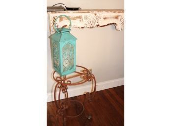 Wrought Iron Plant Stand With Candle Lantern, Includes Decorative Wall Mount Shelf (Electronics Not Included)