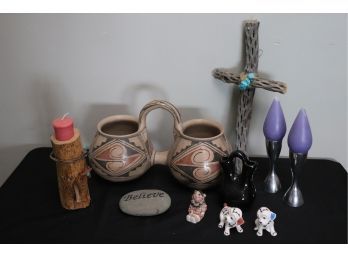 Driftwood Cross, Dogs, Pottery Pitcher, Nambe Candlesticks, Dogs By June Leon, Tacoma, Pitcher By Martinez