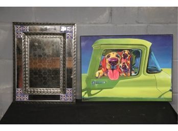 Southwest Style Pressed Metal Wall Decor & Fun Colored Dog In Car Art