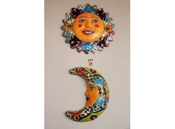 Fun Bright Colored Santa Fe Style Painted Ceramic Sun & Moon Wall Dcor