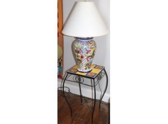 Santa Fe Style Ceramic Tile Side Table On A Metal Base Includes Lamp