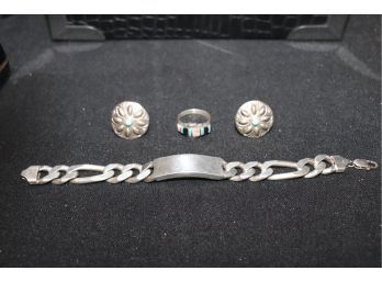 Collection Of Sterling Includes Ring, Cufflinks & Heavy Sterling Id Bracelet
