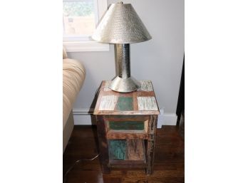 Fun Rustic Painted Side Table Includes A Hammered Table Lamp