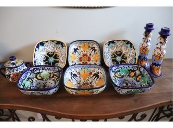 Painted Santa Fe Style Ceramic Bowls, Creamer & Candlesticks