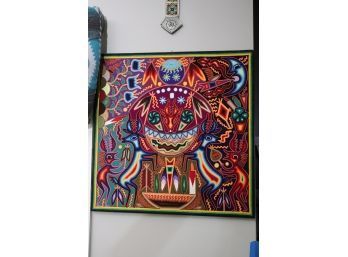 Crewel Yarn Embroidery Art With Beautiful Colors & Metal Cross