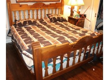 Carved Wood Pine King Size Bed Frame South Western Style Includes Mattress & Box Spring
