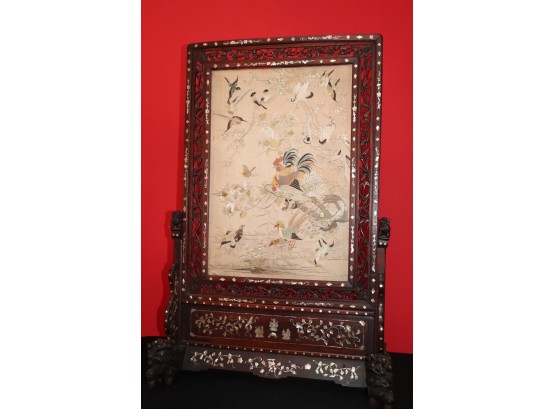 Magnificent Antique Chinese Silk Needlework Of Birds & Flowers On Carved Stand With Mother Of Pearl