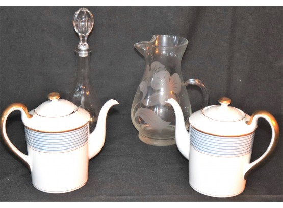 Pair Of Christian Dior Porcelain Teapots & 2 Glass Items
