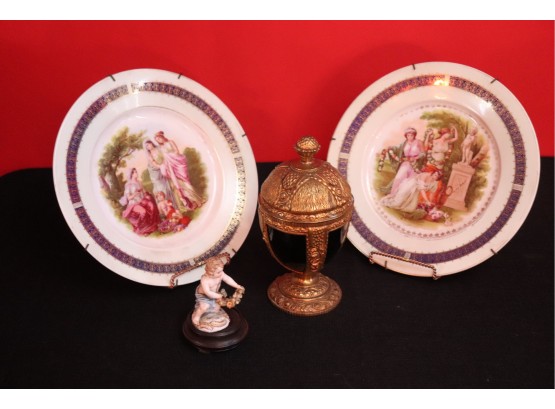 Pair Of Royal Vienna Plates, Meissen Figurine & Ruby Glass Candy Bowl