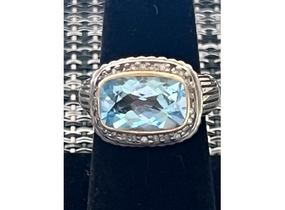 Sterling Silver/14K YG Blue Topaz & Diamond Accent Ring