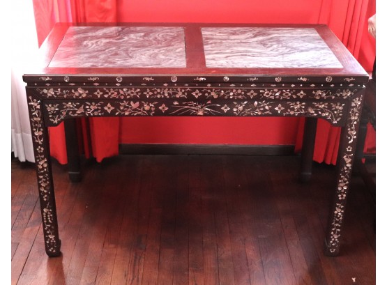 Fabulous Antique Chinese Desk / Table With Marble Top & Mother Of Pearl Inlay