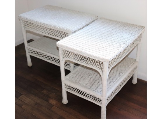 Pair White Wicker End Tables