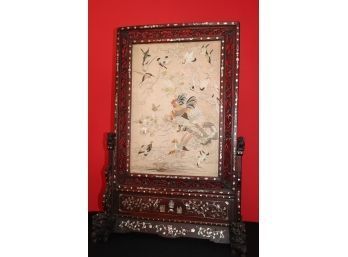 Magnificent Antique Chinese Silk Needlework Of Birds & Flowers On Carved Stand With Mother Of Pearl