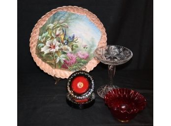 Hand Painted Bird Plate & Glass Items The Plate Is Signed Ch. Huillier