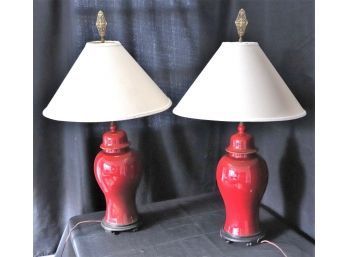 Pair Of Mid Century Porcelain Ginger Jar Lamps In Oxblood Color