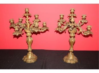 Exquisite Pair Of Bronze Candelabras With 7 Candle Holders