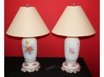 Pair Tall Porcelain Table Lamps With Floral Design