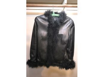 Black Leather & Shearling Trim Ladies Jacket Size S